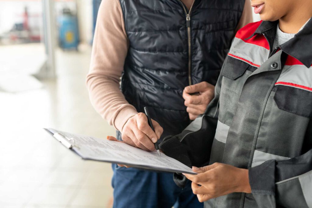 automated appointment scheduling, customer next to worker with clipboard